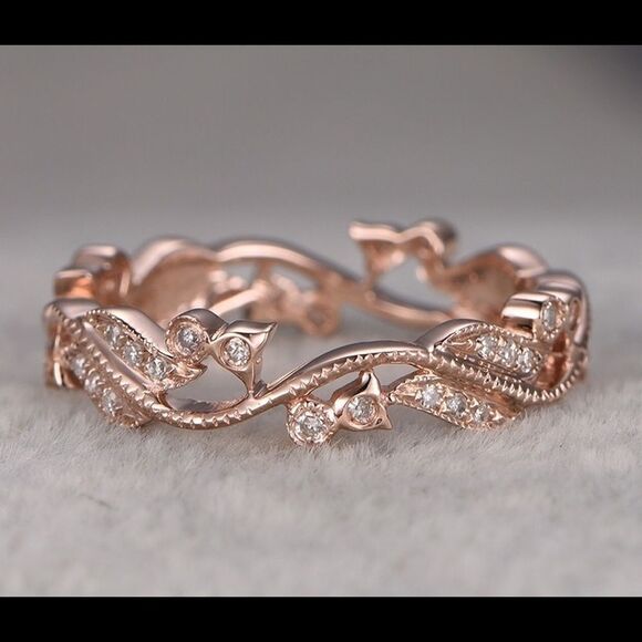 Exquisite 18k Rose Gold PLATED CZ Diamond Floral & Leaf Ring - Picture 1 of 4